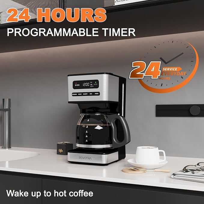 REVOTRA 12 Cup Programmable Coffee Maker, Hot and Iced Coffee Makers, Regular & Strong Brew Drip Coffee Machine, 1-4 Cup, 24H Timer, Auto Shut-Off, Keep Warm, Pause & Serve