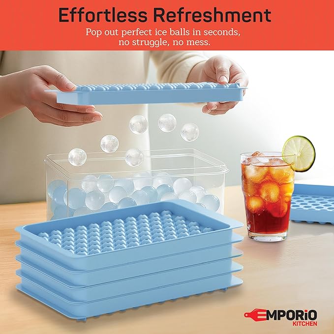 Emporio Kitchen Round Ice Cube Tray Set Pack of 4, BPA-Free Stackable Trays with Lid & Tongs, 104 Ice Balls Per Tray for Whiskey, Drinks, and Cocktails, Quick Release Round Ice Cube Mold, Blue