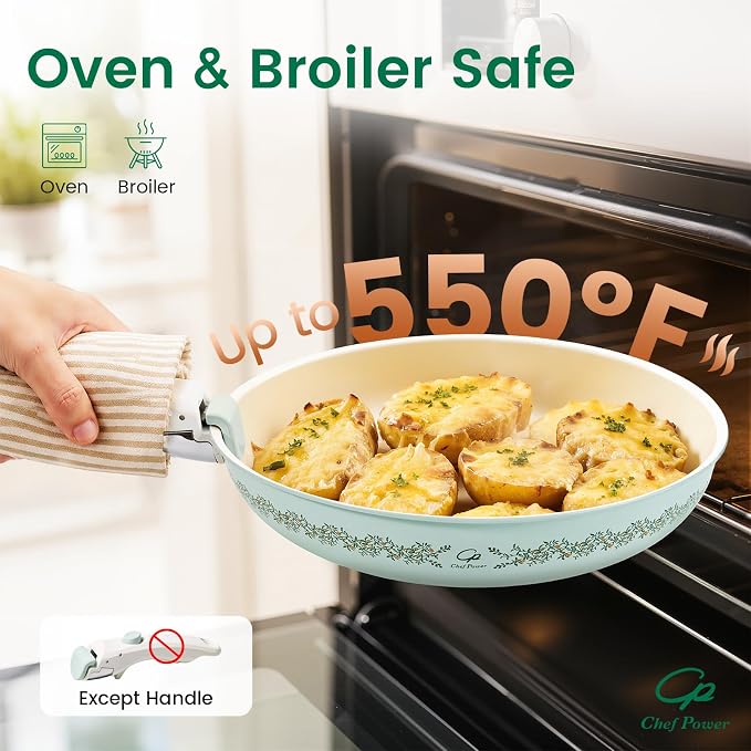 Chef Power Ceramic Cookware Set Non Toxic with Detachable Handles, Healthy Nonstick Decal Pans and Pots Set 14 Pcs, Induction Dishwasher Oven Safe Kitchen Set, Light Green with Olive branch