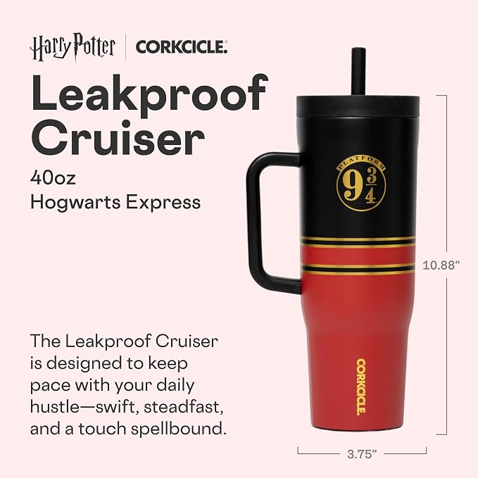 Corkcicle Cruiser Insulated Tumbler with Handle & Straw - Keeps Drinks Ice Cold - Triple-Insulated - Leakproof Travel Mug - BPA-Free - Summer Drinkware Gift - 40 oz, Hogwarts Express