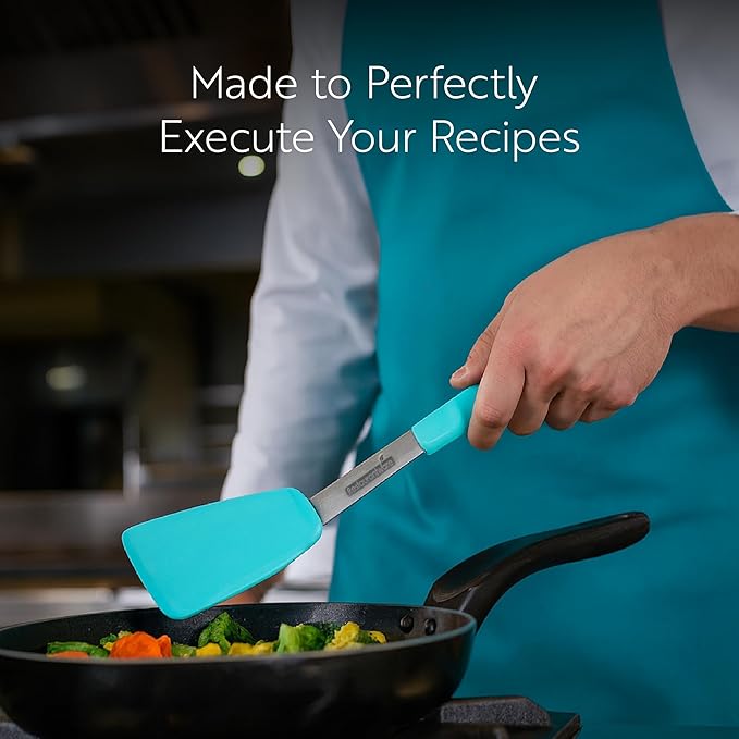 Restaurantware Comfy Grip Silicone Turner 1 Durable Cooking Turner - Stainless Steel Body Rubber Handle With Hole Turquoise Silicone Flipper Spatula Tolerates Up To 446F Dishwashable