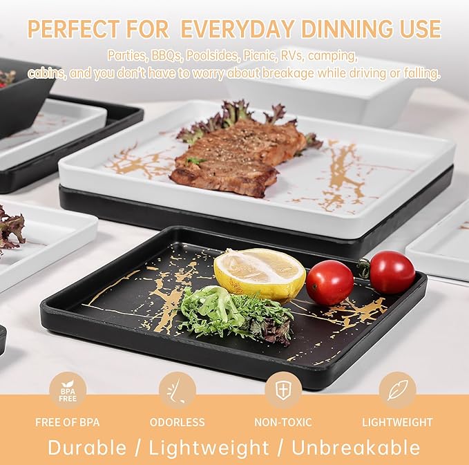 Square Melamine Dinnerware Sets of 12 Pcs,Square Plates and Bowls Sets,Unbreakable Dish Set for 4,Lightweight, Dishwasher Safe and BPA Free,Suit for RV,Camping （Black and White）