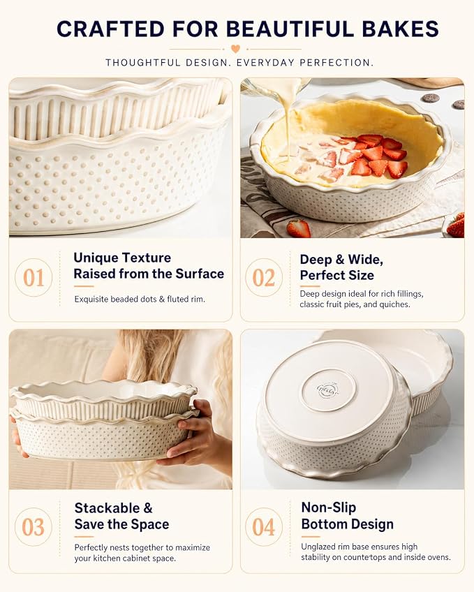 getstar Ceramic Deep Pie Pan Set of 2, 9 inch Pie Dish for Baking, Non-Stick, Oven & Dishwasher Safe, Farmhouse Decor Quiche Baking Dish, Pie Plate, Deep Dish Pie Pan