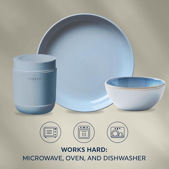 Corelle Stoneware Dinnerware Set, Handmade Reactive & Solid Glazed Ceramic Plates and Bowls, Modern Rustic Style Round Dishes, Service for 4, Nordic Blue 16 PIECE SET