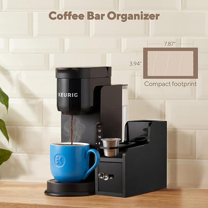 Coffee Pod Maker Stand, Solid Wood Reusable K-Cup Filter Holder & Filling Station with Coffee Ground Storage Drawer & Waste Bin, Countertop Wood Coffee Bar Organizer, Easy Daily Refill (Black)