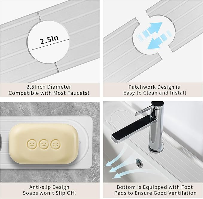 Stone Faucet Mat for Kitchen Sink, Diatomite Fast Drying Absorb Moisture Tray, Prevents Water Buildup, Durable Anti-slip Splash Guard Sink Protector (White, 23.7"x4")