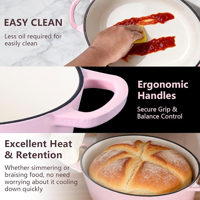 P&P CHEF Oval Dutch Oven with Lid, Enameled Cast Dutch Oven Pot for Bread Baking, Braising, Stewing, Roasting, Non-Stick & Oven Safe, Dual Handles & Easy Clean, 5QT & Pink, Valentine's Day
