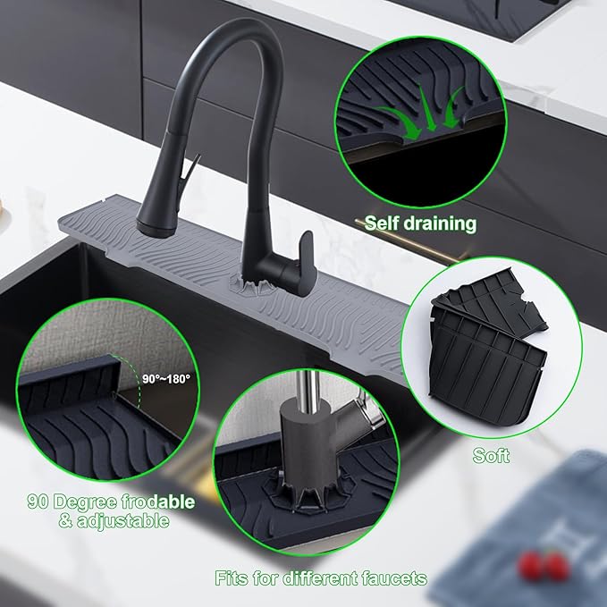 33inch Kitchen Sink Splash Guard Mat,Silicone Material Protects Faucet Handle from Dripping Water,Faucet Mat Splash Catcher,Multipurpose for Kitchen Sink, Bathroom, Sink Sponge Holder