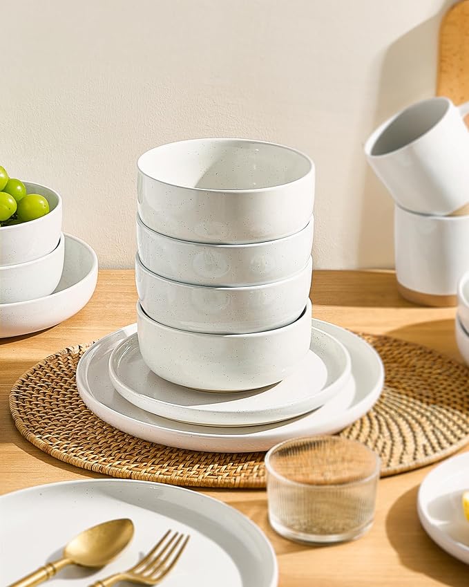 Famiware Milkyway 12-Piece Stoneware Dinnerware Set for 4, Plates and Bowls, Scratch Resistant, Microwave & Dishwasher Safe, White