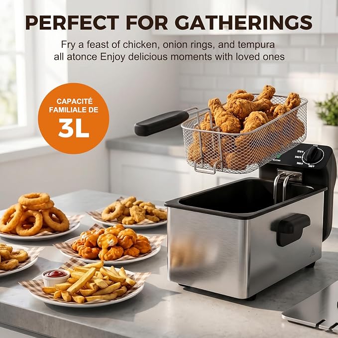 OSTBA Electric Deep Fryer with Basket, 1500W Stainless Steel Countertop Deep Fryer, 3.2QT Oil Capacity, Adjustable Temperature Control, Viewing Window, Removable Oil Container, Overheat Protection