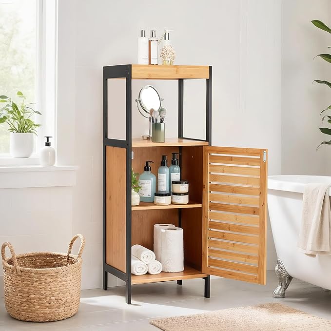 35" Bamboo Bathroom Storage Cabinet with Open Shelf, Solid 3 Tier Freestanding Floor Cabinet with Sliding Door, Waterproof Bamboo Organizer for Bathroom, Kitchen, or Entryway