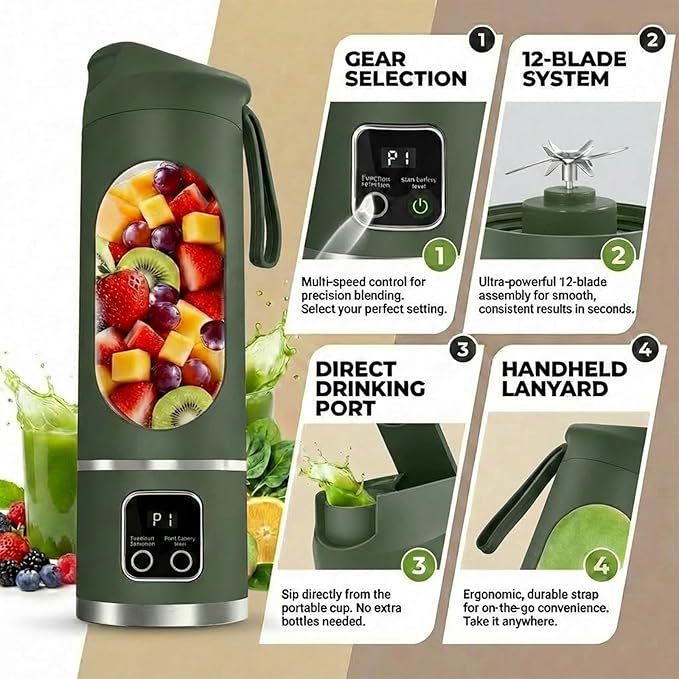 Lilogi Portable Blender, 500ML Blenders for Smoothies with LED Display | 12-Blade USB-C Rechargeable Blender，Travel Blender Cup for any kitchen，office，outdoor，travel，gym or sports