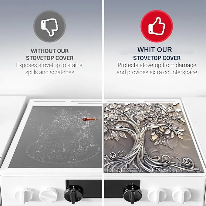 HOMETITUTE Tree of Life Stove Top Cover For Electric 28 x 20 inch Gas Stove Cover Pad Glass Flat Stovetop Covers Mat for Kitchen Fit Under Coffee Absorbent Mat Diatomite