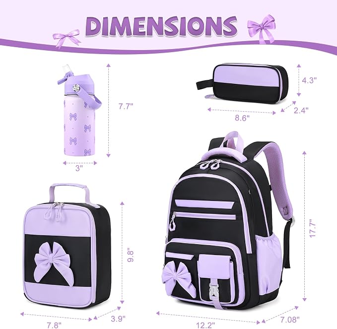 DIGOBAY Girls Backpack - Includes 14oz Insulated Water Bottle, Girls School Backpack Set with Lunch Bag & Pencil Case Teens for School (Black-Purple)