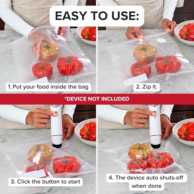 Chef Preserve Reusable Vacuum Sealer Bags for Food - 30 BPA-Free Medium (10 x 11 in) Food Storage Bags, Freezer, Microwave - Odor-Resistant, Leak-Proof - Compatible with Chef Preserve Vacuum Sealers