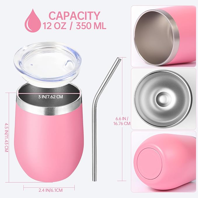 Volhoply 12oz Stainless Steel Wine Tumbler with Lid Bulk 12 Pack,Double Wall Vacuum Stemless Wine Glasses,Reusable Metal Travel Coffe Mug with Straw,Insulated Cups Gifts for Christmas（Pink,12 Set）