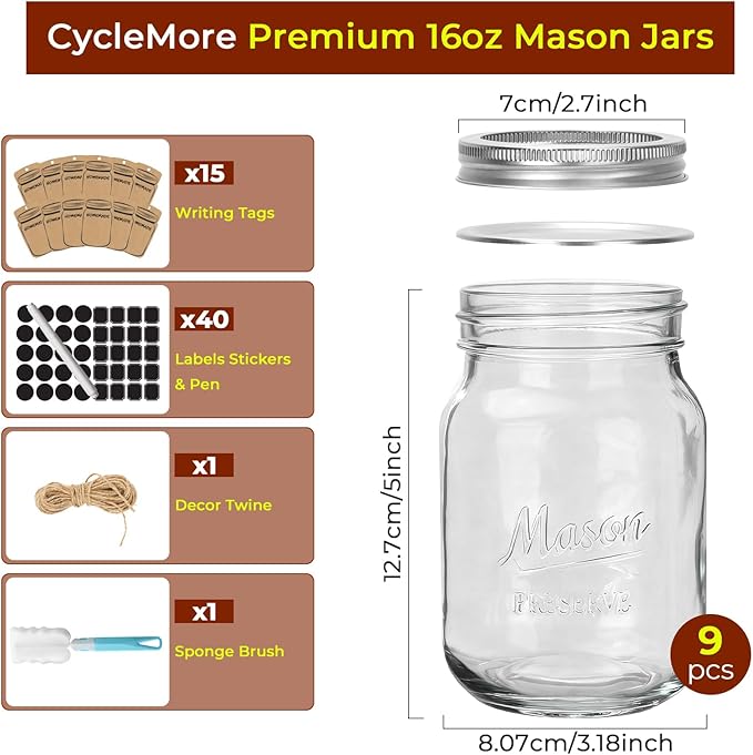 CycleMore 9 Pack 16 oz Mason Jars with Airtight Lids - Embossed Pint Glass Canning Jars for Pickling, Food Storage, Wedding Favors & DIY Crafts - Regular Mouth Design with Labels & Jute String