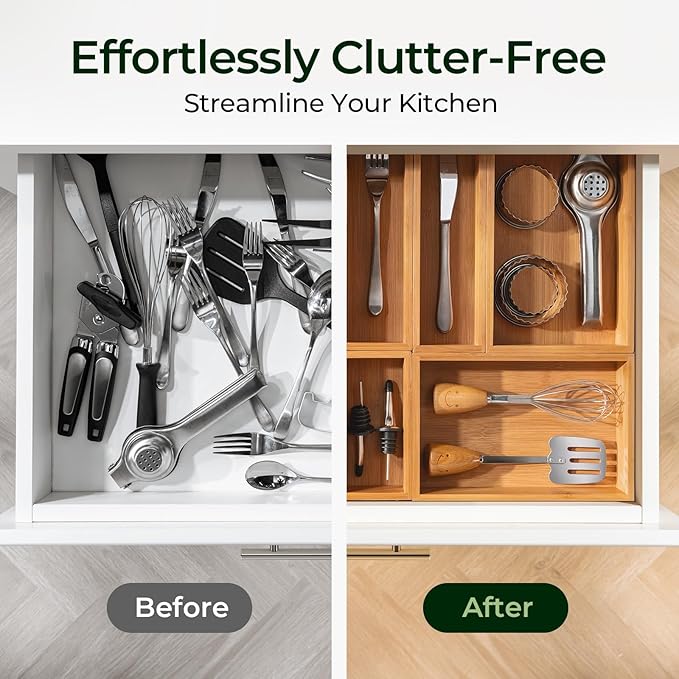 keechee 6-Piece Bamboo Drawer Organizer Set, 2.2" Deep Multi-Use Organizers for Utensils, Silverware, Cutlery, Desk, Bathroom, Junk Drawer & Makeup, Non-Slip Feet Included.