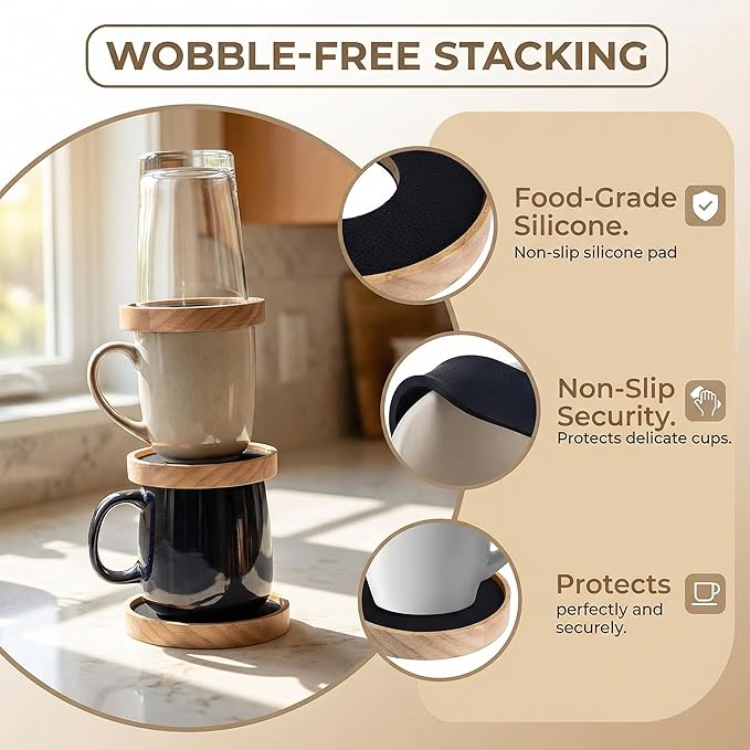Mug Organizer - Wooden Coffee Mug Stackers, Mug Organizer for Kitchen Cabinet,Equipped with Food Grade Non-Slip Pad 6 Pack