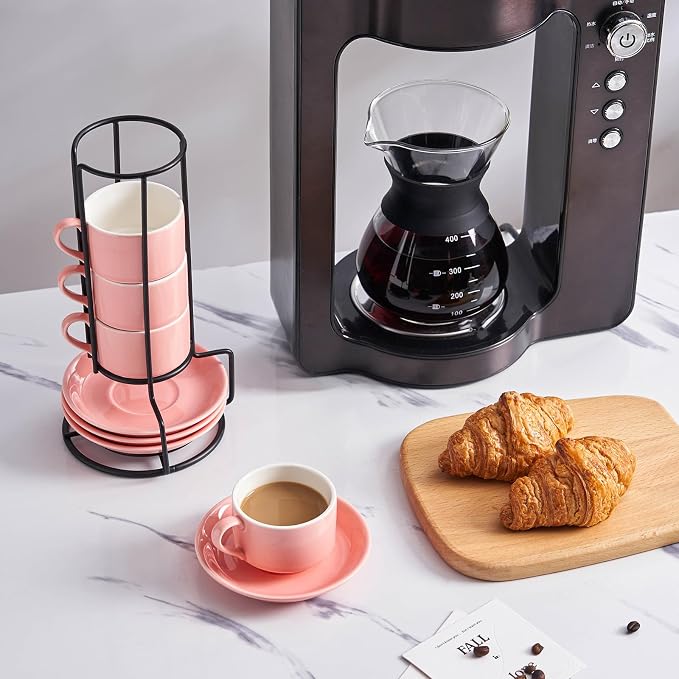 YOLIFE 2.5oz Espresso Cups Set of 4, Porcelain Stackable Espresso Cups, Expresso Shots Cup Set with Saucers and Metal Stand-Pink