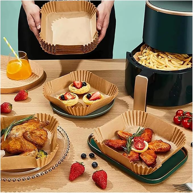 Large Air Fryer Disposable Paper Liners Nonstick 23cm Oven Airfryer Parchment Baking Paper ，Compatible For Ninja，Compatible For COSORI ，Grill Cooking Basket(20cm square,200 Pcs)