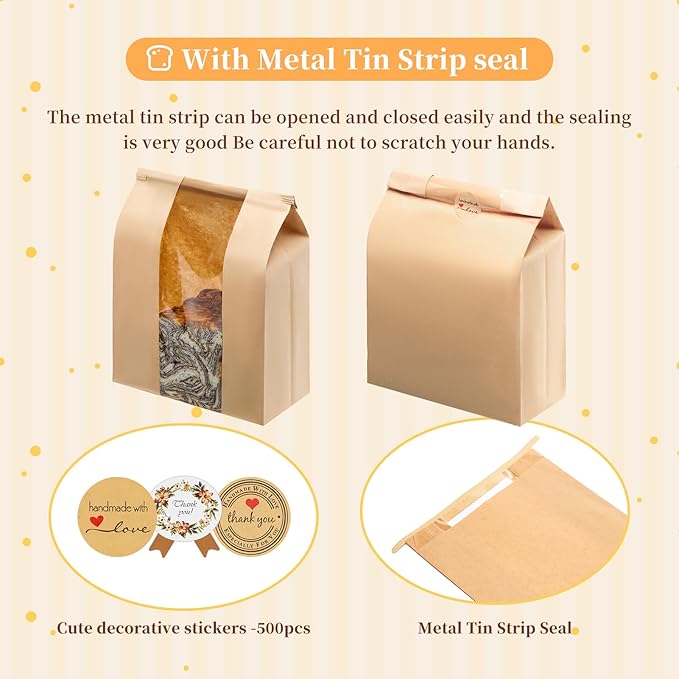 30 Pack Kraft Paper Bread Loaf Bags with Tin Tie Tab Lock, for Homemade Bread Loaf Bags 14" x 8.3" x 3.5", Sourdough Bread Bags with Clear Front Window for Baked Food Storage (30 Pack) | 30 Pack Bread Bags, Clear Front Window, 14" x 8.3" x 3.5", Tin Ti...