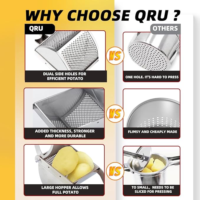 QRU Large Potato Ricer, Heavy Duty Stainless Steel Potato Masher for Commercial and Home Use, Fruit Press Baby Food Masher (Silver)
