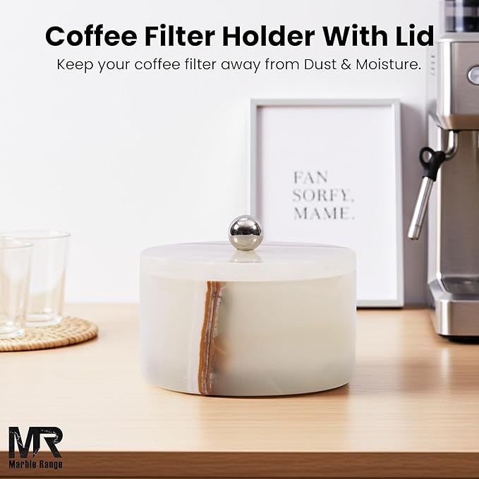 Marble Coffee Filter Holder – 6 inch Handmade White Onyx Coffee Filter Holder with Lid, Storage Organizer for Kitchen Countertop & Bar Decor