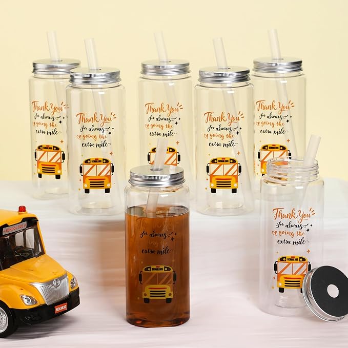 Skylety 24 Pcs School Bus Driver Gift Cup Bulk, School Bus Driver Appreciation Gifts 4 oz Plastic Cup Thank You for Always Going The Extra Mile Tumbler with Lids and Straws for Men Drivers