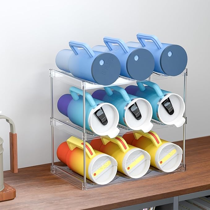 Yieach 2 Pack 2 Tier Waterbottle Organizer for Cabinet - Large Compartment Stackable Water Bottle Holder,Wine Bottle Rack,Acrylic Water Bottle Organizer Rack for 40 oz Stanley Cup,Yeti,Tumbler Shelf