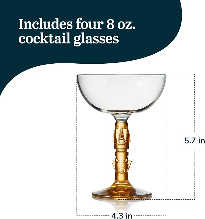 Libbey Tiki Coupe Cocktail Glasses, Vintage Style, Polynesian Inspired Coupe Martini Glasses Set of 4, Tropical Bar Glassware Set for Cocktail Party
