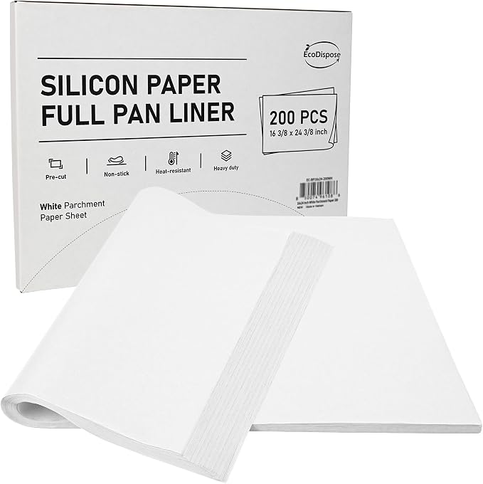 EcoDispose Non-Stick Precut Parchment Paper Baking Sheets Full Pan liner for Bake (16-3/8" x 24-3/8",White,200PCS)