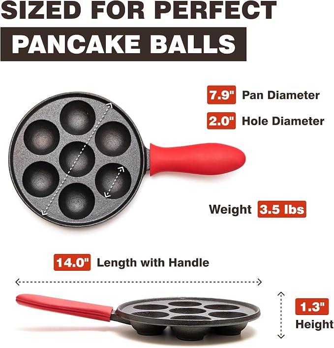 KUHA Cast Iron Aebleskiver Pan | Pre-Seasoned Pan for Authentic Danish Pancake Making, Poffertjes, Takoyaki, Appam & Paniyaram | Silicone Handle, Oven Mitt & Bamboo Skewers Included | 7.9" Diameter