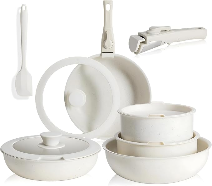 HealSmart 12 Pcs Cookware Set, Granite Non Stick Pots & Pans with Removable Handles, High Heat Resistant Oven Safe Cooking Kit, PFAS & PFOA Free Kitchen Cooking Ware, Beige