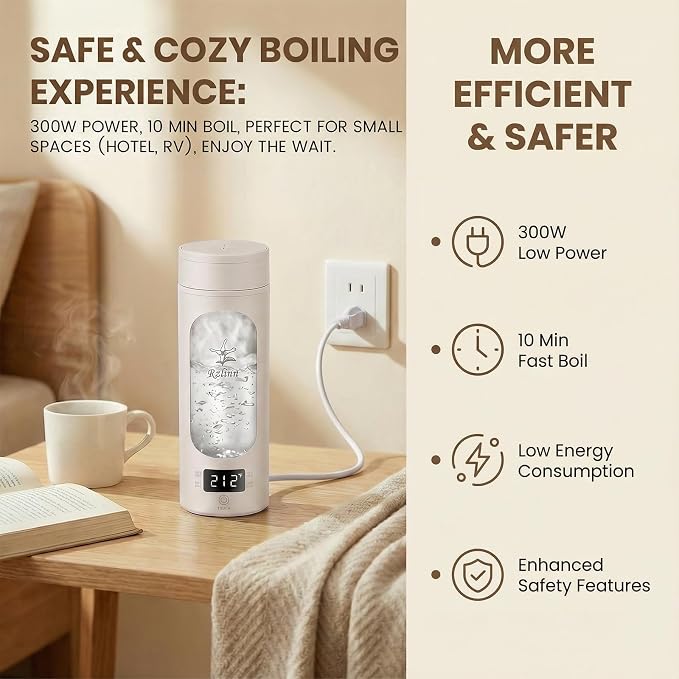 Portable Electric Kettle (120V), small-capacity electric kettle, made of 316-grade stainless steel, 4 temperature settings, with automatic shut-off function, (Cream, 9.05 * 3.15)