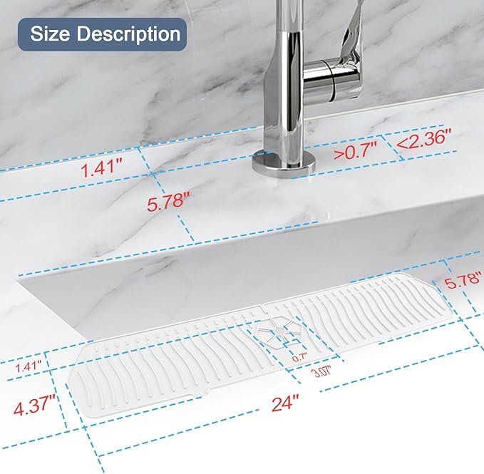 Faucet Guard - 90 Foldable Draining Mat for Kitchen Sink with 2 Drain Ports, White, 24"*5.66"