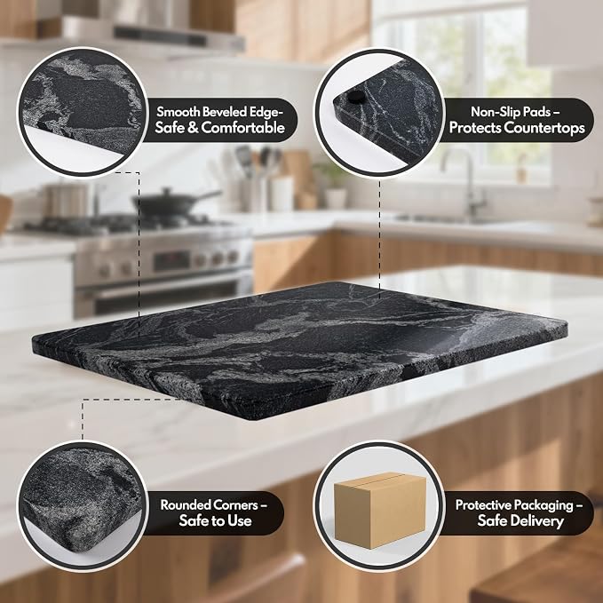 Lovdeco Marble Cutting Board, Pastry Board For Kitchen, Large Black With White Vine Marble Slab Gift With Non-Slip Feets, 16x20 Inch, 1 Piece