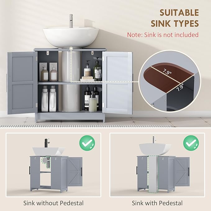 HOMCOM Pedestal Sink Storage Cabinet, Farmhouse Freestanding Bathroom Sink Cabinet with 2 Barn Doors and Adjustable Shelf, Dark Gray