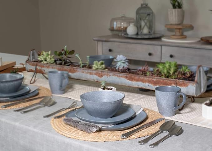 Elanze Designs 16-Piece Modern Luxury Chic Smooth Vintage Handmade Shape Matte Finish Ceramic Stoneware Square Plate Mug & Bowl Kitchen Dinnerware 16 Piece Set - Service for 4, Slate Grey