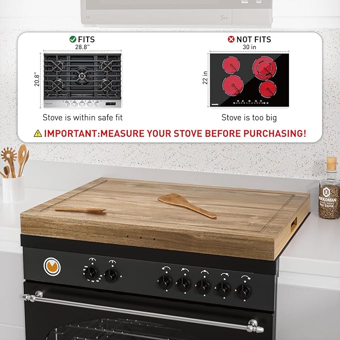 Acacia Wood Stove Cover for Gas & Electric Burners, 28.82”x20.83”x2.12'' (Inner) Noodle Board with Handles, Cutting Board with Juice Groove, Serving Tray (Natural Acacia)