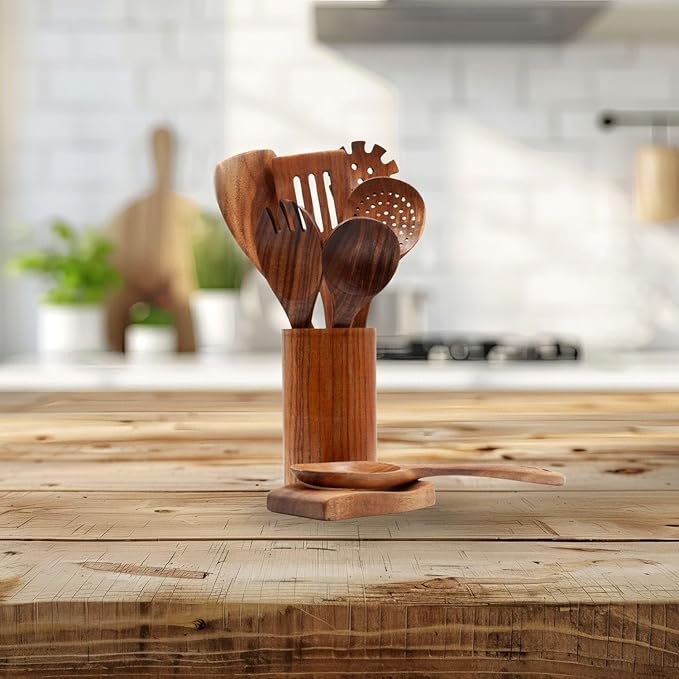 9 Piece Natural Teak Wooden Kitchen Utensil Set with Spoon Rest, Utensil Holder, Hanging Hooks, Heat Resistant, Non-Scratch Tools for Nonstick Cookware
