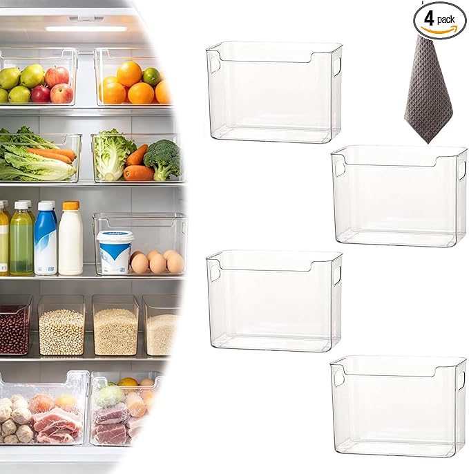 Crystal Clear Freezer Storage Bins, BPA-Free Clear Fridge Organizer Bins with Handles, Stackable Plastic Bins for Organization, Heavy-Duty Clear Storage Bins (Transparent, 4L)