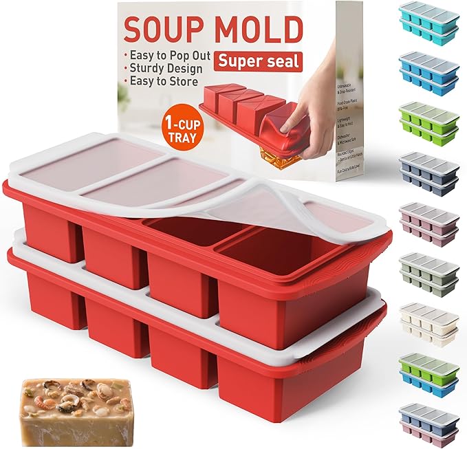 Silicone Freezer Tray with Lid Soup Freezer Container Molds with Steel Reinforced Rim Soup Cubes with Steel Reinforced Rim Perfect for for Soup, Sauce, Leftovers, Homemade Meal Prep and More