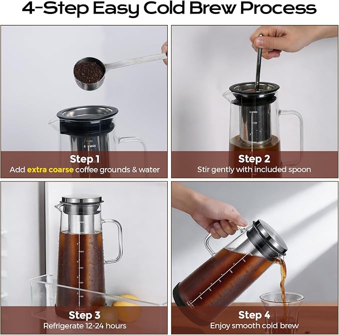 Cold Brew Coffee Maker 48oz/1.4L, Airtight Glass Carafe with Extended Fine Mesh Stainless Steel Filter, Iced Tea & Fruit Pitcher with with Handle and Removable Base