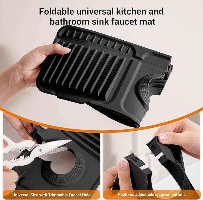 ZJWZLG Faucet Mat for Kitchen Sink, 17.7"X5.5" Silicone Sink Splash Guard with Soap Holder, Snap-On Design & 7°slope Fast Drain, Folding Sink Faucet Mat for Universal Kitchen Bathroom Sink（Black）