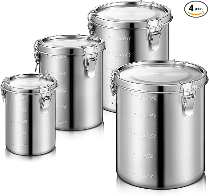 Sabary 4 Pcs Stainless Steel Airtight Food Containers for Kitchen 84oz 54oz 34oz 17oz Coffee Bean Flour Sugar Tea Cereal Cookie Metal Food Storage Canisters with Lids and Sturdy Locking Clamp