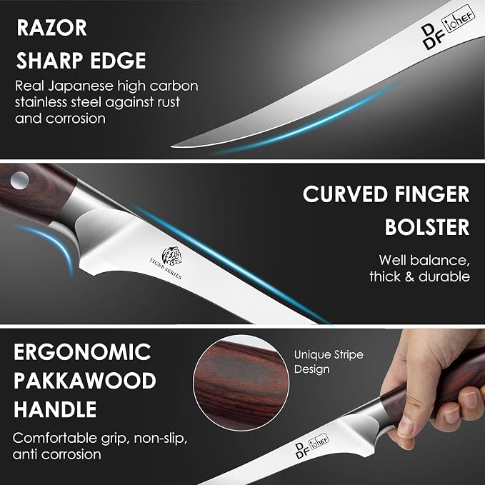 DDF iohEF Fillet Knife 7 Inch Professional Boning Knife High Carbon Japanese Stainless Steel Fish Knife with Full Tang Ergonomic Handle for Meat Cutting Trimming