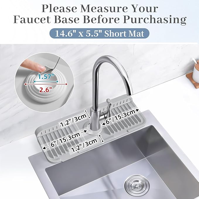 PoYang 14.6 inch Faucet Mat for Kitchen Sink Splash Guard, 7° Slope Silicone Sink Water Splash Guard for Kitchen Sink Area with Snap, Long Sink Protectors for kitchen Sink Sponge Holder, Light Grey