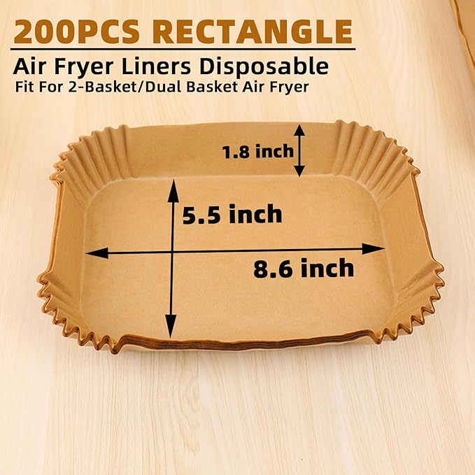 Air Fryer Liners Disposable,200Pcs Parchment Paper,LYHOLKEER 8.6x5.5 inch Rectangle Air Fryer Paper Liners for Ninja Foodi Dual/2-Basket DZ201/DZ401/FG551/DZ302/DZ090/DZ071/DZ550/SL401/SL201/IG601