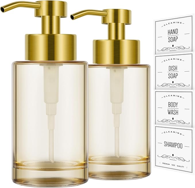 Glass Soap Dispenser with Stainless Steel Pump,12oz Gold Hand Liquid Soap Dispenser,Thick Glass Soap Dispenser for Bathroom,Kitchen